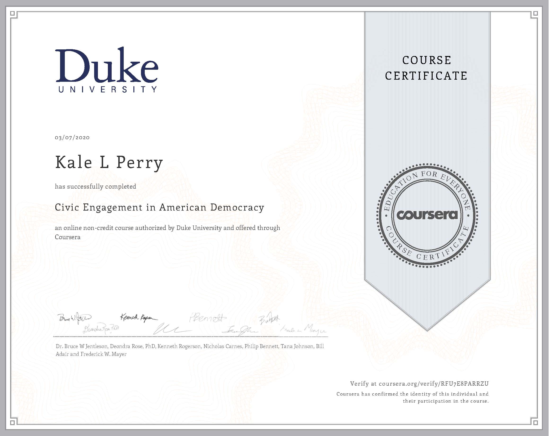 Coursera: Civic Engagement in American Democracy